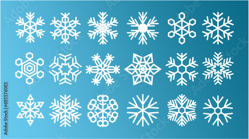 White snowflakes vector set on blue background.