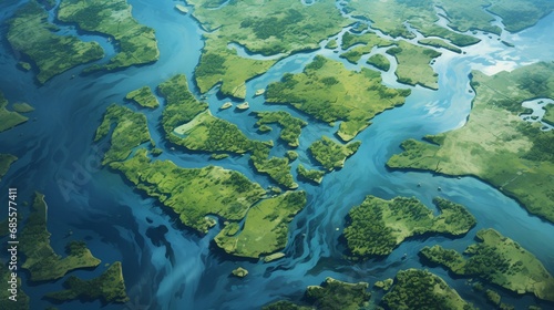 An overhead view of a winding coastal river delta, with blue waters merging into the sea and lush green banks.