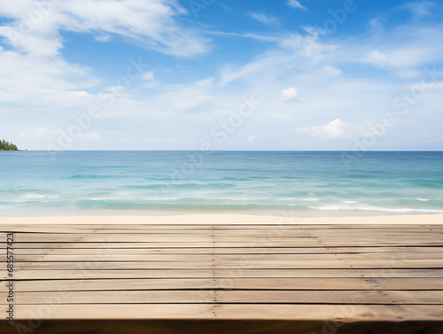 Empty wooden table on background of Beautiful beach © kin