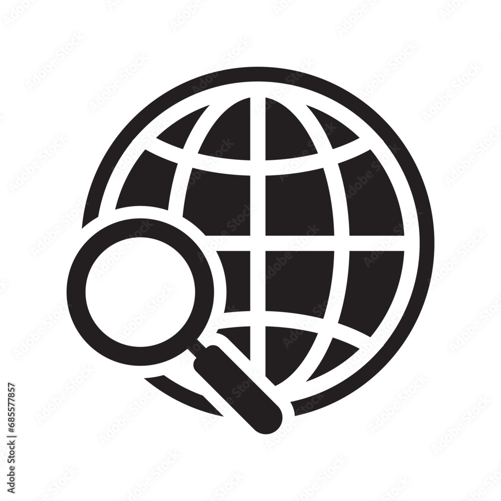 Global search icon. Magnifier and globe icon, search for a place on a map or on the globe sign. The icon of the magnifying glass and planet Earth. Global search icon. Magnifier and globe icon, search for a place on a map or on the globe sign. The icon of the magnifying glass and planet Earth.
