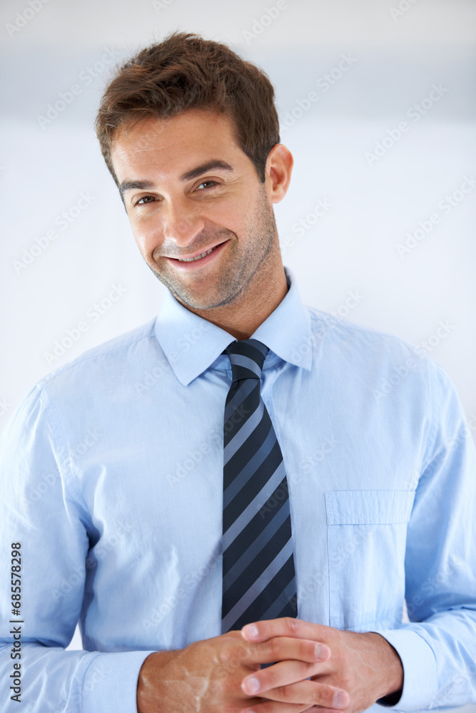 Businessman, portrait and happy in office for career, professional and employee at corporate job. Entrepreneur, face and person for smile, confidence and pride with calm expression or hands at work Businessman, portrait and happy in office for career, professional and employee at corporate job. Entrepreneur, face and person for smile, confidence and pride with calm expression or hands at work