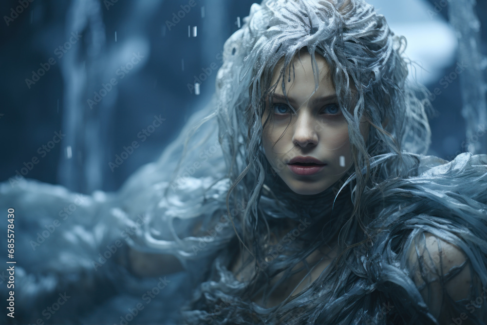 the cave contains some ice woman and icicles and a light, in the style of dark silver and dark indigo the cave contains some ice woman and icicles and a light, in the style of dark silver and dark indigo