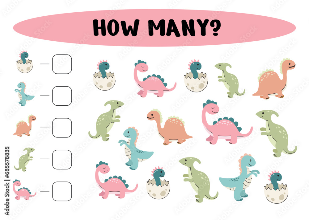 How many dinosaurs are there? Count the number of dinosaurs. Counting Game for Preschool Children. Vector Illustration
