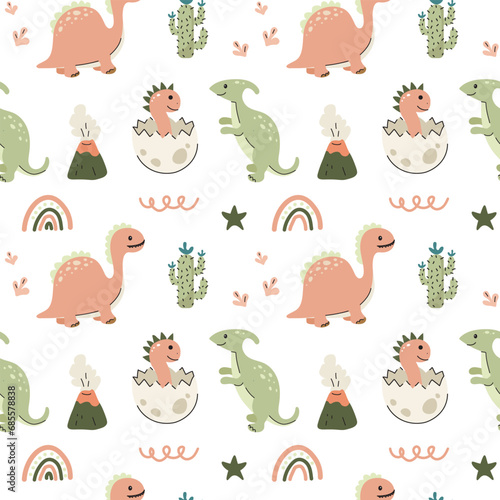 Seamless pattern with cute dinosaurs on a white background. Print for children s clothes  wrapping paper. Vector illustration