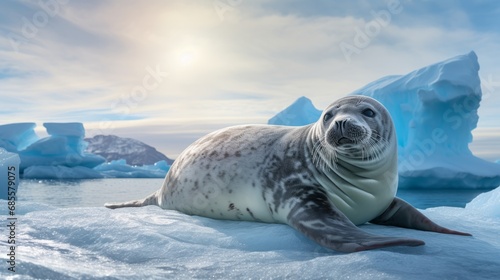 A peaceful scene of a seal basking on an ice floe under the soft Antarctic sunlight, symbolizing the tranquility of the wildlife.
