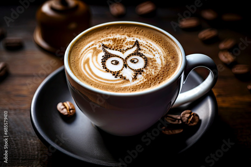 Cup of coffee with latte art  milk foam owl illustration. Christmas coffee cup. Cozy atmosphere. Christmas and New Year cappuccino coffee.
