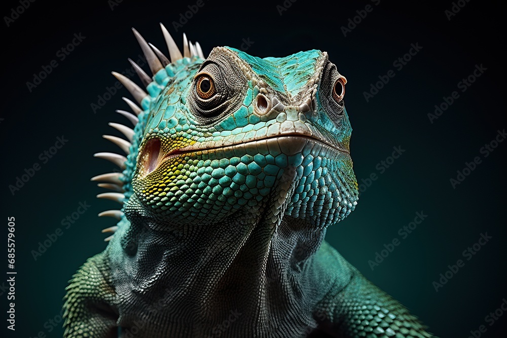 Blue iguana on black background. Close up. Studio shot.