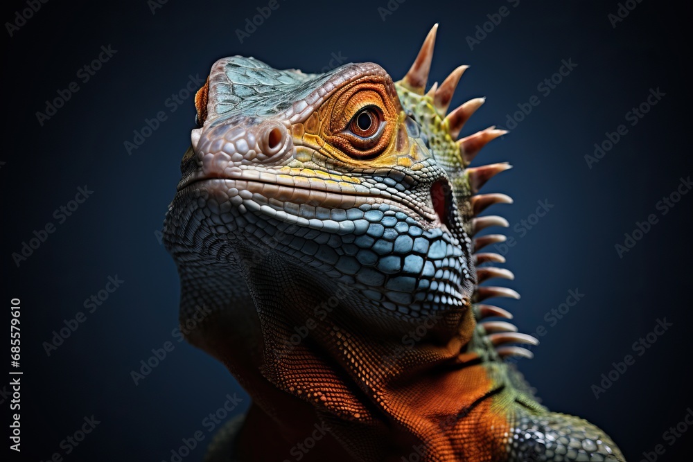 Fototapeta premium Portrait of a lizard on a black background. Studio shot.