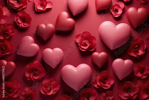 Valentine's day background with red hearts and rose petals