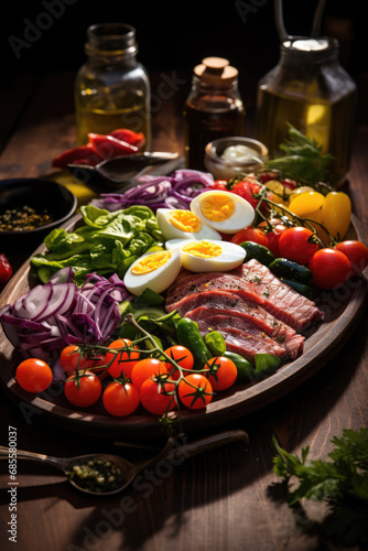 Salade Nicoise surrounded by its ingredients on wooden table.