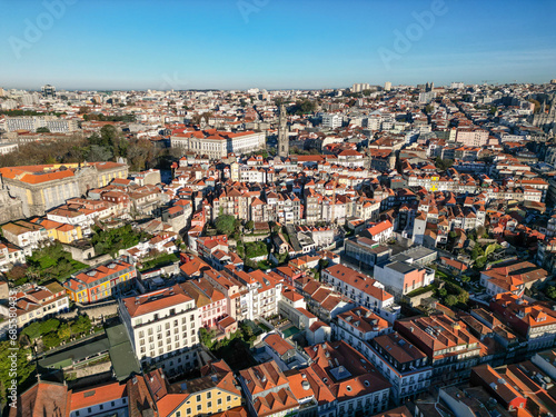 Portugal, Porto, Clerigos Tower view from drone on the city