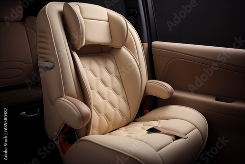 Child car seat for safety in the rear passenger seat of a car, white leather interior © vladdeep