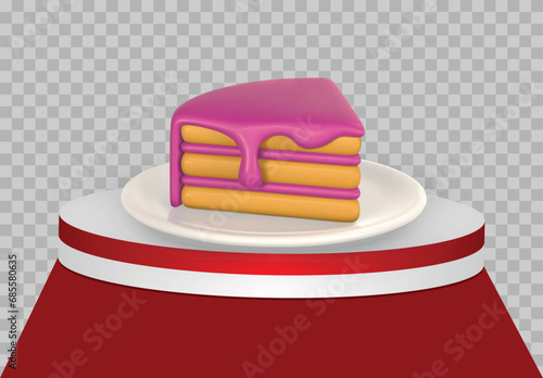 Birthday cake on podium. 3d piece of cake on plate in cartoon style. Vector illustration