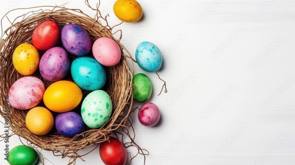 Colorful Easter eggs in the basket on the white background top view. Stylish spring template with space for text. Greeting card or banner Colorful Easter eggs in the basket on the white background top view. Stylish spring template with space for text. Greeting card or banner