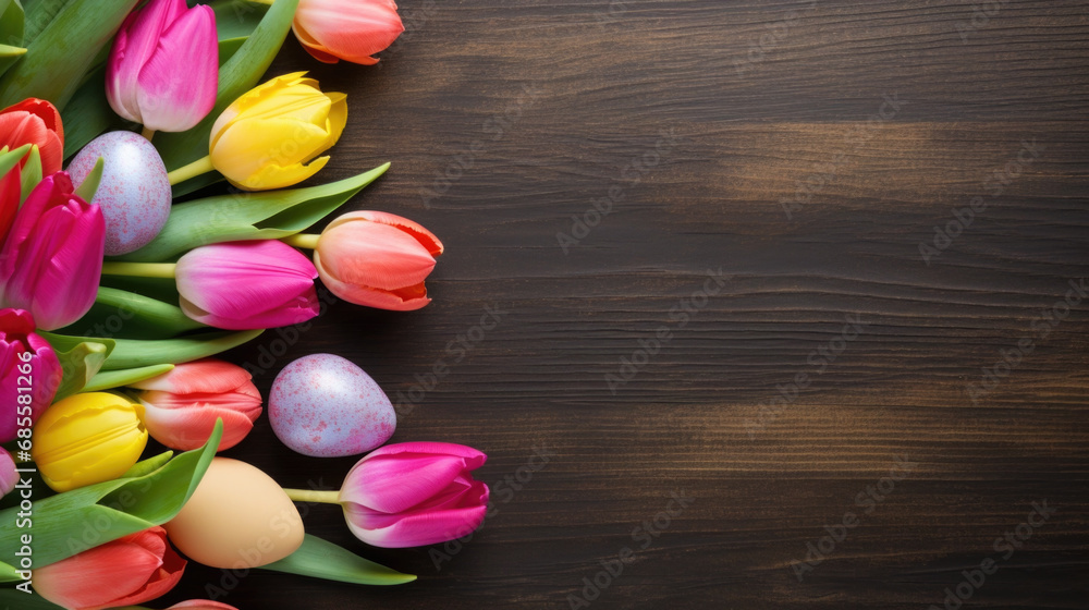 Spring tulips and colorful Easter eggs on the wooden background top view. Stylish spring template with space for text. Greeting card or banner Spring tulips and colorful Easter eggs on the wooden background top view. Stylish spring template with space for text. Greeting card or banner