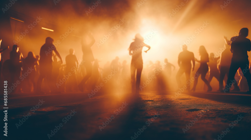 Defocused group of people dancing at party in front of bright spot light