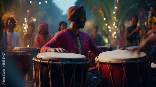 Drummer playing african drums at music festival photo