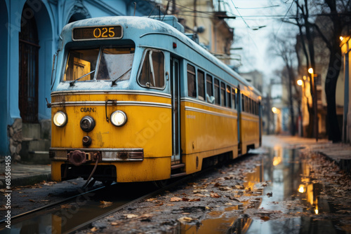 a street with a streetcar passing by