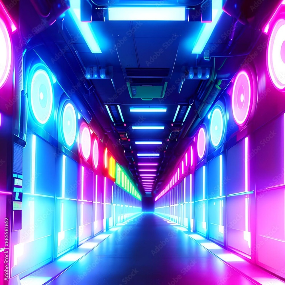 Cyberpunk Neon Hallway Futuristic Realistic Illustration