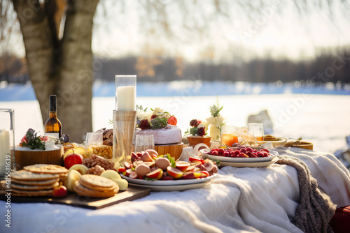 Christmas dinner outdoors  featuring a gourmet picnic spread with dishes like smoked salmon  champagne infused salads  and artisanal bread  Festive blankets