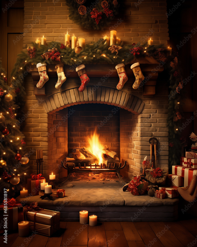 cozy scene of a fireplace adorned with crackling firewood and festive stockings, evoking warmth and holiday cheer - Generative AI cozy scene of a fireplace adorned with crackling firewood and festive stockings, evoking warmth and holiday cheer - Generative AI