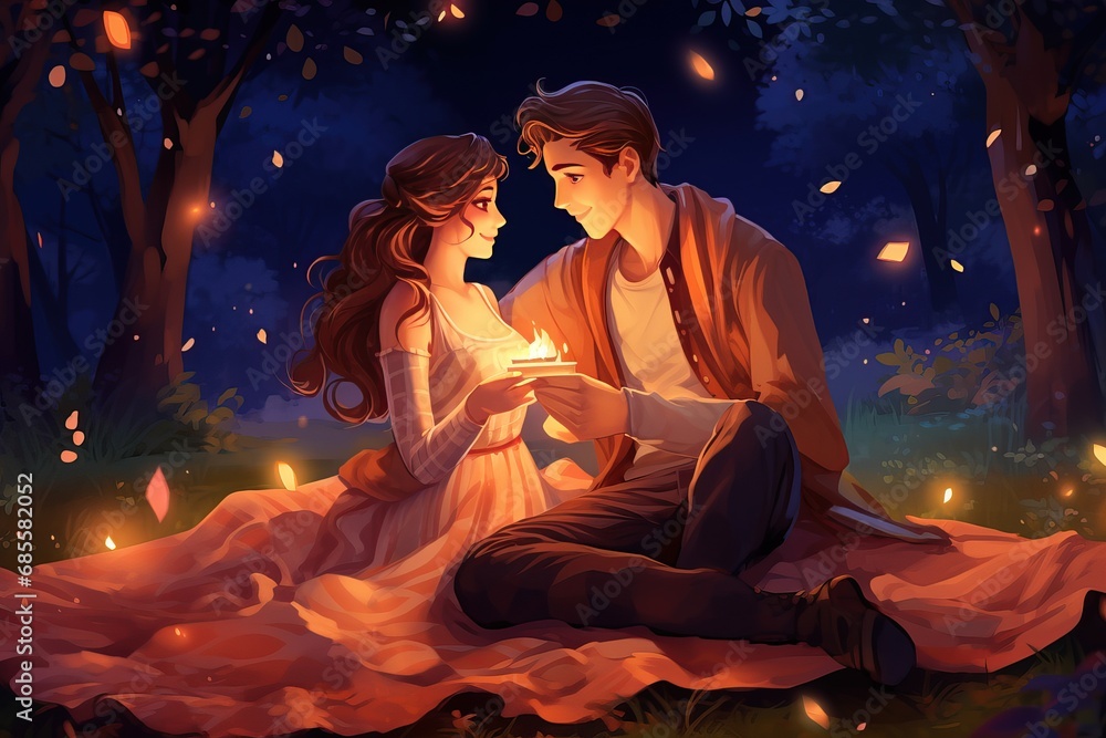 Romantic Couple lovers in park, under trees. Romantic date night under the stars. Valentines Day Romantic Couple lovers in park, under trees. Romantic date night under the stars. Valentines Day