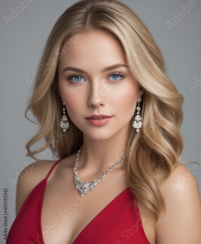 a stunning woman with long blonde hair and blue eyes. She is wearing a red dress