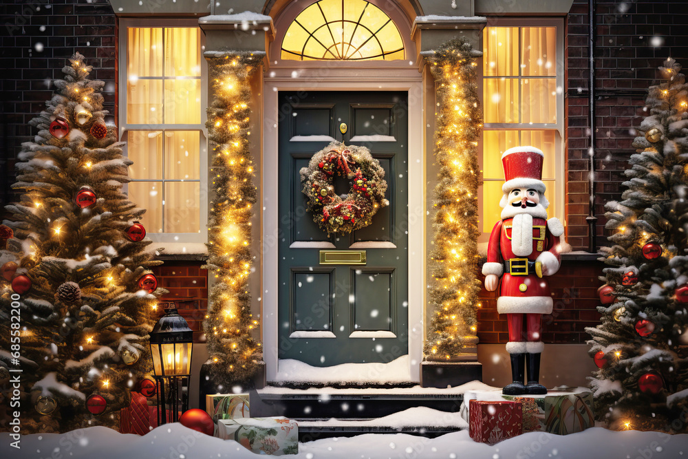 Cute and cozy house with Christmas decorations, nutcracker on the porch, Christmas wreath on the door