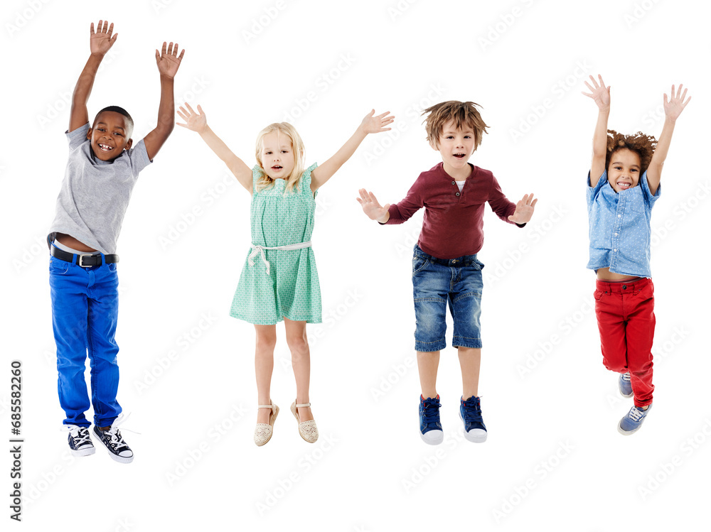 Happy, jumping and portrait of young children for diversity, friends and playing for fun. Smile, youth and group of cute kids with playful energy together isolated by transparent png background. Happy, jumping and portrait of young children for diversity, friends and playing for fun. Smile, youth and group of cute kids with playful energy together isolated by transparent png background.
