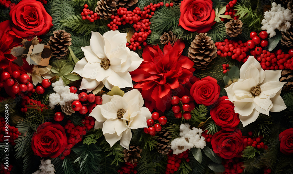Christmas plants with white background, red berries, green fir twigs, cones, white background. Nature design. Season greeting. Winter Xmas holidays Christmas plants with white background, red berries, green fir twigs, cones, white background. Nature design. Season greeting. Winter Xmas holidays