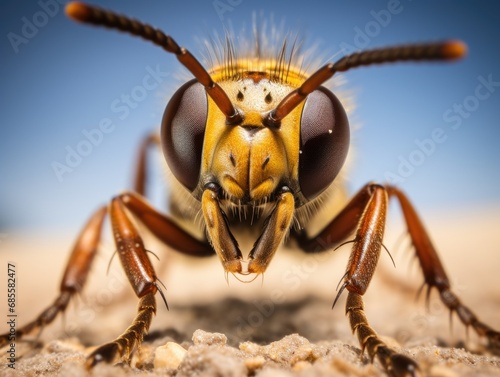 Close-up of a wasp's head with antennae antennae, large eyes and legs looking into the camera. Nature background. Illustration for cover, card, postcard, interior design, decor or print. © Login