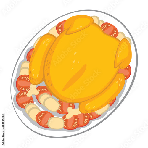Thanksgiving Turkey Dinner Meal Up View Drawing. Festive food on the table from above