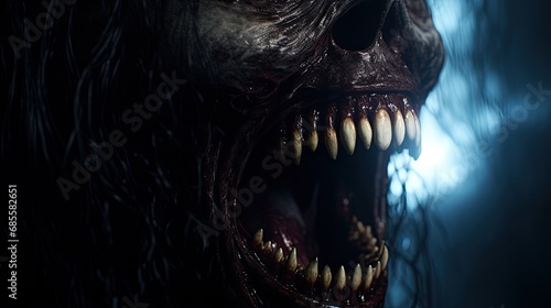 A huge creepy mouth with sharp teeth. The concept of terror and fear. A creepy character to create.