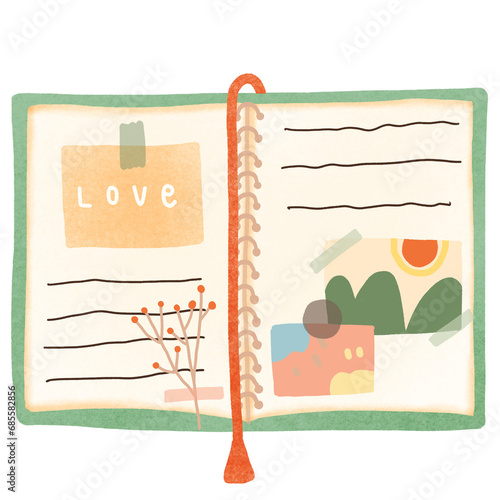 Open Notebook. Diary with stickers, notes, dried flower, washi tape. Hand drawn vector illustration. art painting cute illustration
