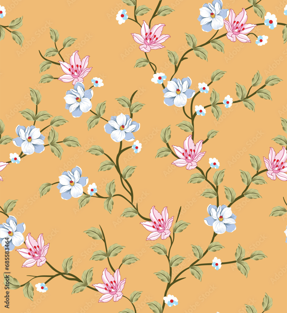allover vector blue and pink small flower pattern on brown background