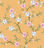 allover vector blue and pink small flower pattern on brown background