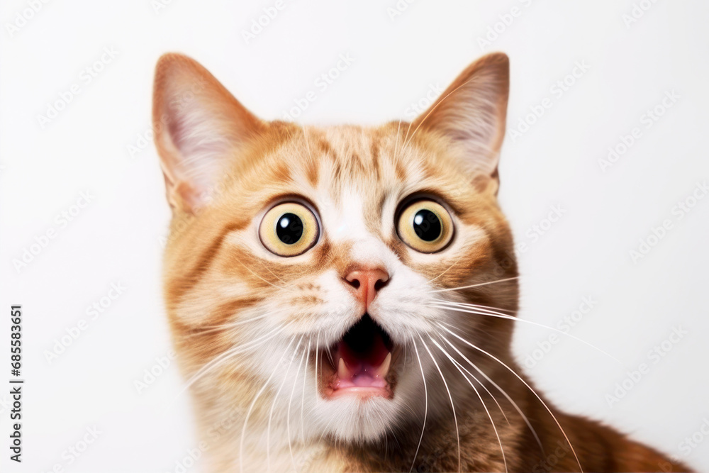 Funny surprised cat isolated on white background. Studio portrait of a cat with amazed face. Funny surprised cat isolated on white background. Studio portrait of a cat with amazed face.