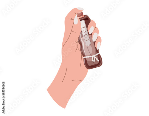 Elegant female hands with manicure holding a glass bottle of perfume. Vector isolated fashion illustration, fragrant eau de parfum.