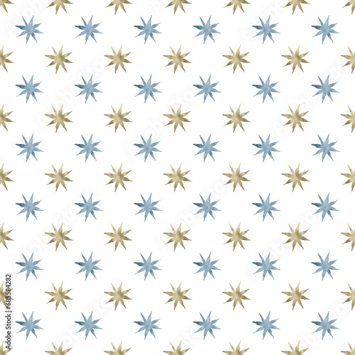 Geometric seamless pattern with blue and gold stars.