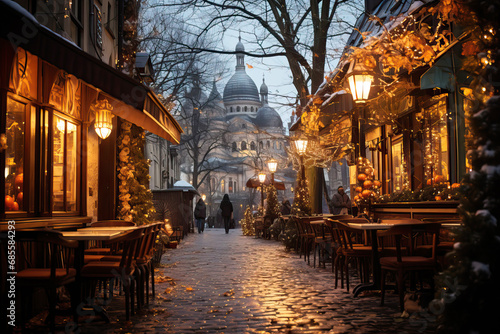 Fototapeta Naklejka Na Ścianę i Meble -  Winter cityscape snow covered streets of Paris lined with historical buildings adorned with festive lights and decorations