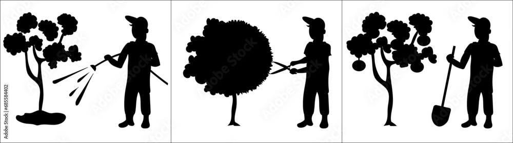 Naklejka premium A gardener prunes trees in the garden. . He has a large pruning shears in his hands. Illustration on a transparent background. Cartoon. Silhouette