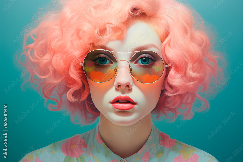 Fototapeta premium illustration of a close-up of a girl with glasses. shades of pastel colors. cyan, pink, blue, light blue.