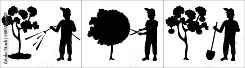 A gardener prunes trees in the garden. . He has a large pruning shears in his hands. Illustration on a transparent background. Cartoon. Silhouette