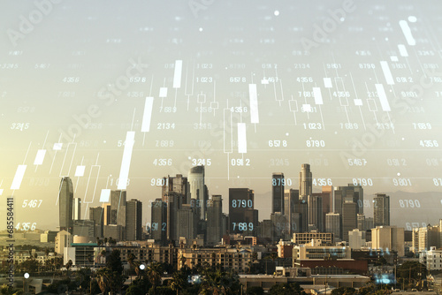 Multi exposure of stats data illustration on Los Angeles city skyline background, computing and analytics concept