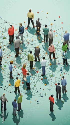 An interconnected web of diverse IT professionals collaborating on a shared project, with each individual contributing their unique expertise, surrounded. 3D Illustration photo