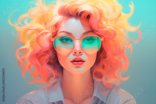 illustration of a close-up of a girl with glasses. shades of pastel colors. cyan  pink  blue  light blue.