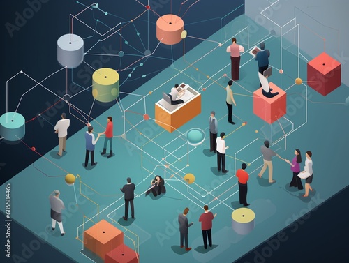 An interconnected web of diverse IT professionals collaborating on a shared project, with each individual contributing their unique expertise, surrounded. 3D Illustration photo