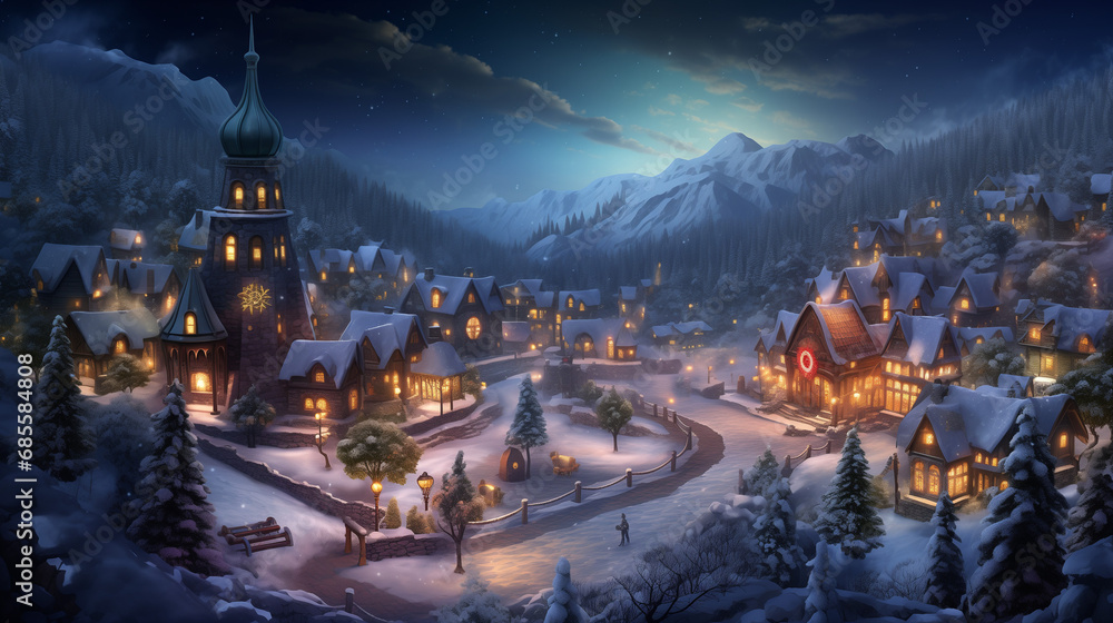 a whimsical scene of a snow-covered village adorned with twinkling lights and festive decorations, capturing the enchanting holiday atmosphere from an aerial perspective - Generative AI