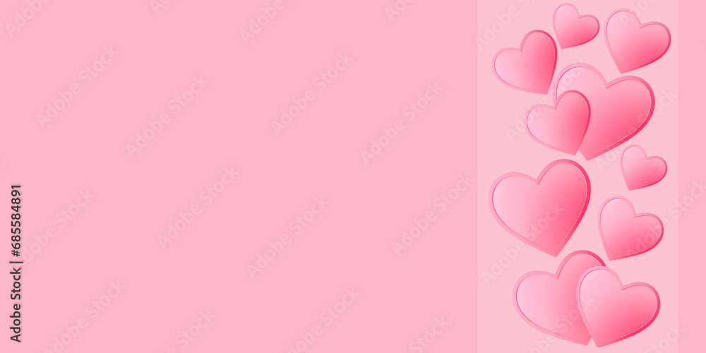 Pink background with pink hearts with copy space. Banner for Valentine's Day.