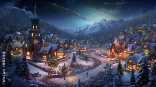 a whimsical scene of a snow-covered village adorned with twinkling lights and festive decorations, capturing the enchanting holiday atmosphere from an aerial perspective - Generative AI © Levent